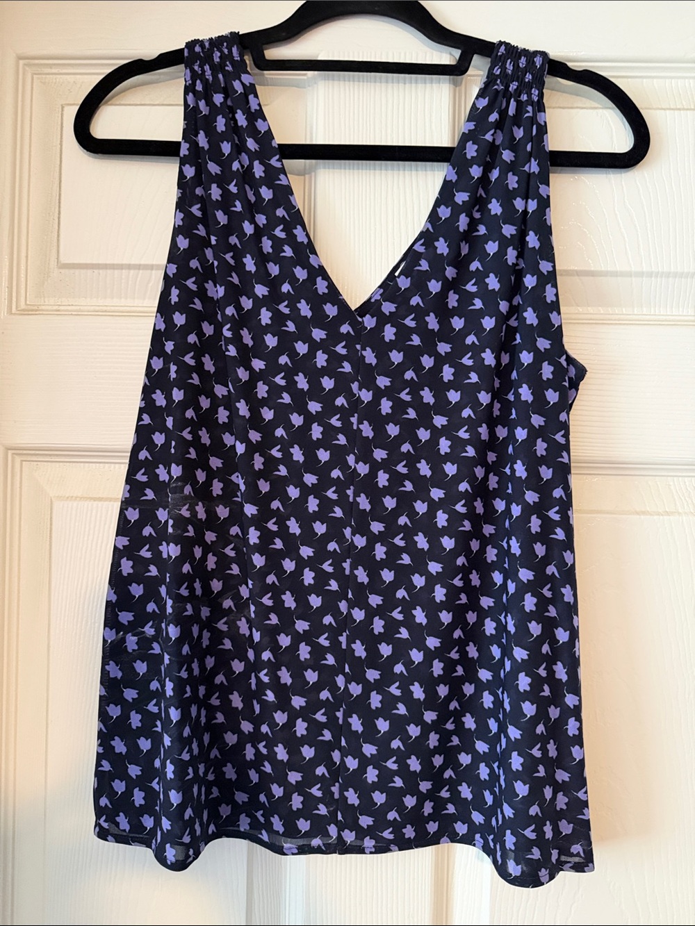 Sleeveless V-Neck Women's Top in Navy with Lavender Print